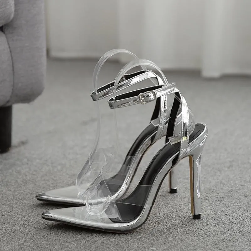 Chicvane Clear Pvc Strapy Ankle Buckle Stilettos Pointed Toe Sandals