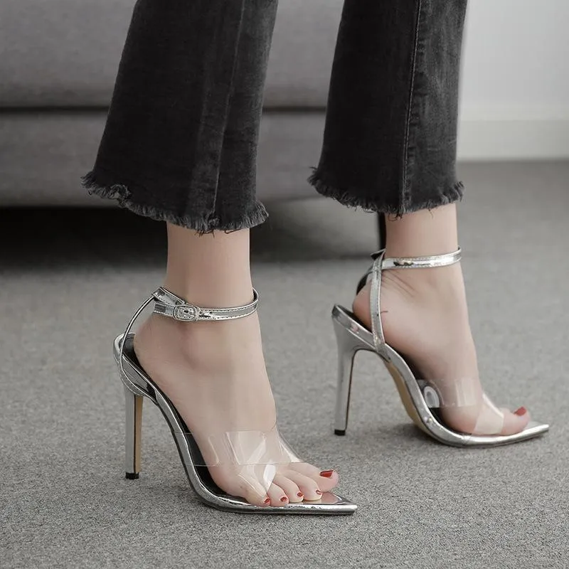 Chicvane Clear Pvc Strapy Ankle Buckle Stilettos Pointed Toe Sandals