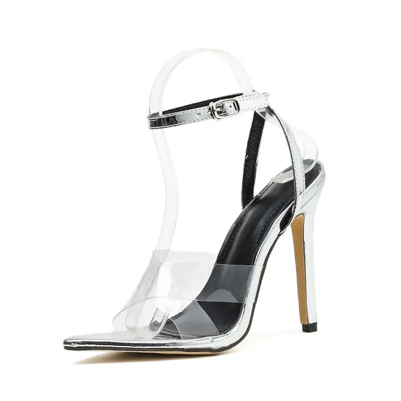 Chicvane Clear Pvc Strapy Ankle Buckle Stilettos Pointed Toe Sandals
