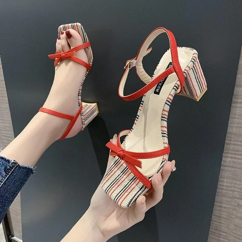 Chicvane Criss Cross Buckle Closure Chunky Heel Square Toe Heels