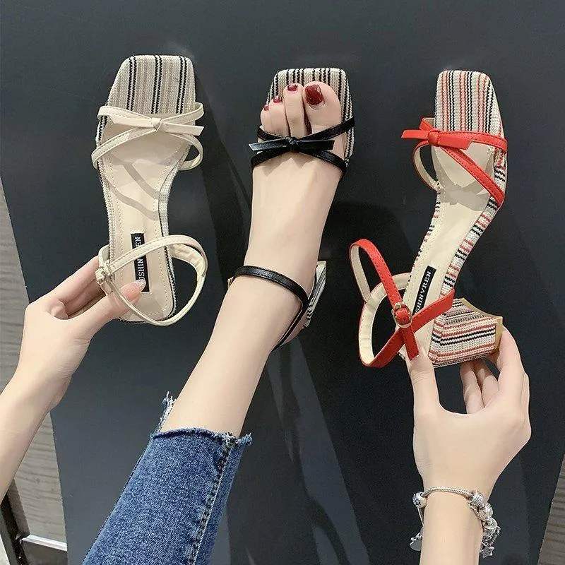 Chicvane Criss Cross Buckle Closure Chunky Heel Square Toe Heels