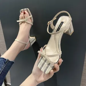 Chicvane Criss Cross Buckle Closure Chunky Heel Square Toe Heels