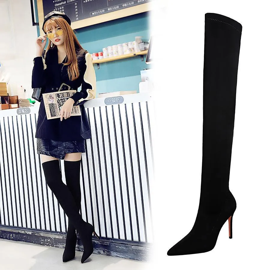 Chicvane Girls Stretch Pointed Toe Stiletto Heel Over The Knee Boots