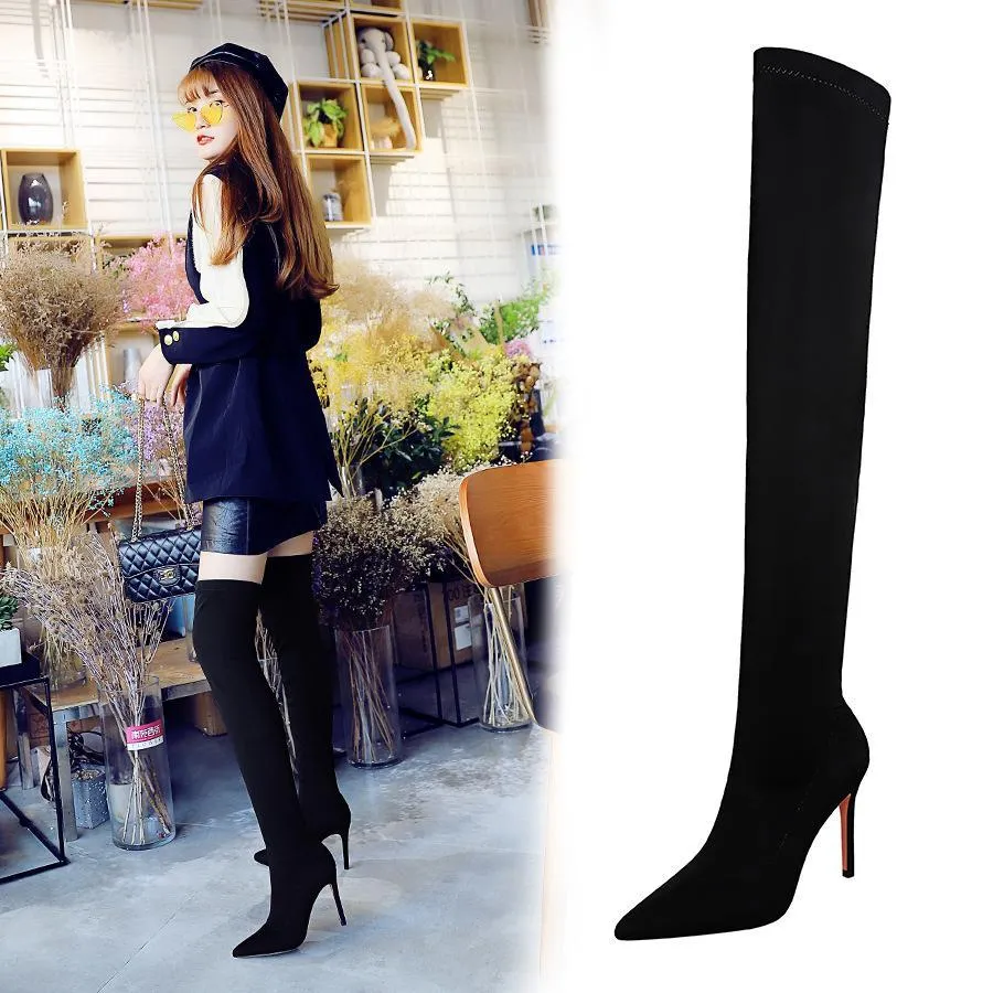 Chicvane Girls Stretch Pointed Toe Stiletto Heel Over The Knee Boots