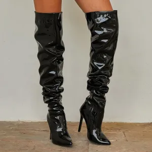 Chicvane Patent Leather Pointed Toe Stiletto Heel Over The Knee Boots For Girls