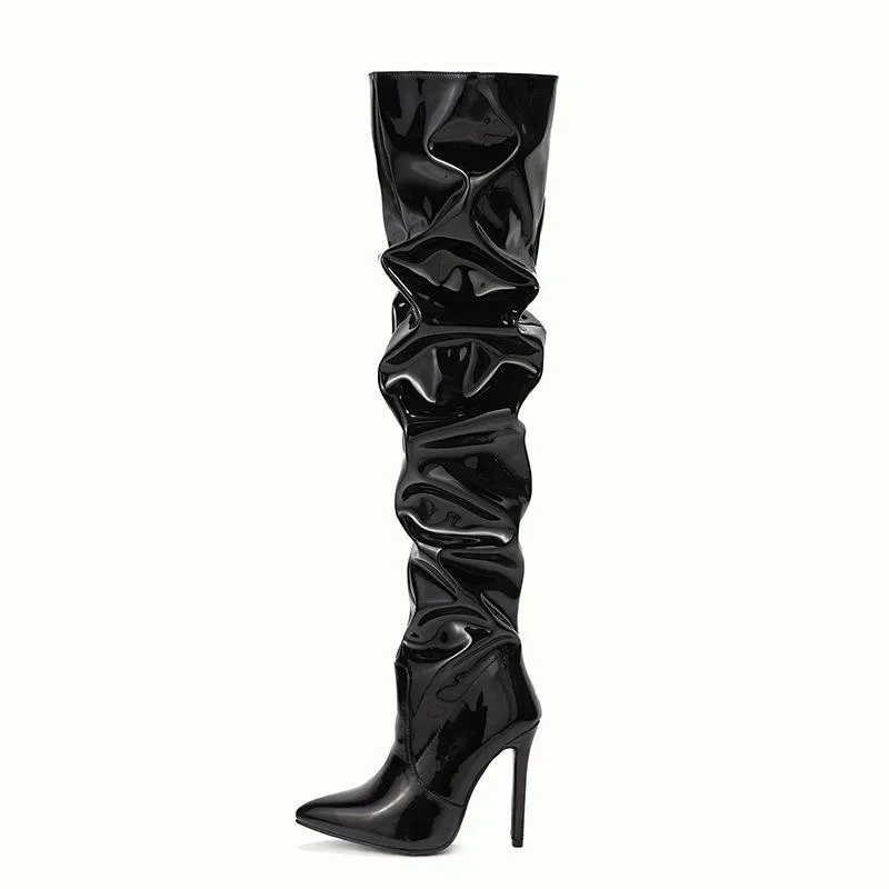 Chicvane Patent Leather Pointed Toe Stiletto Heel Over The Knee Boots For Girls