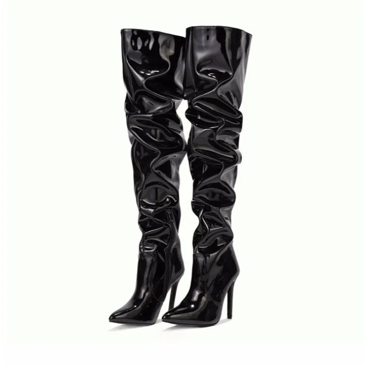 Chicvane Patent Leather Pointed Toe Stiletto Heel Over The Knee Boots For Girls