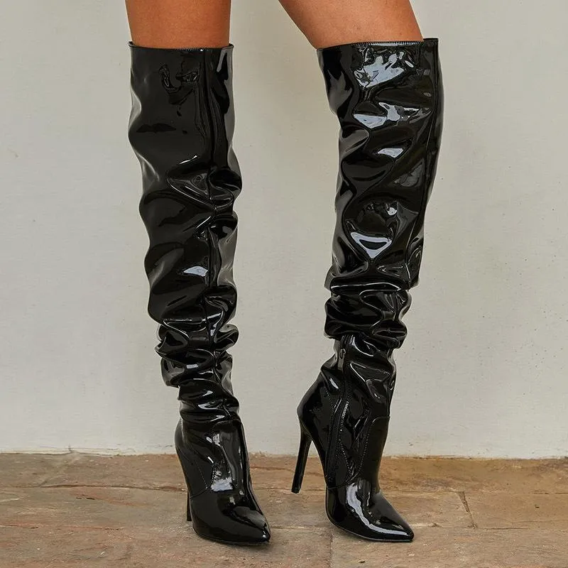 Chicvane Patent Leather Pointed Toe Stiletto Heel Over The Knee Boots For Girls