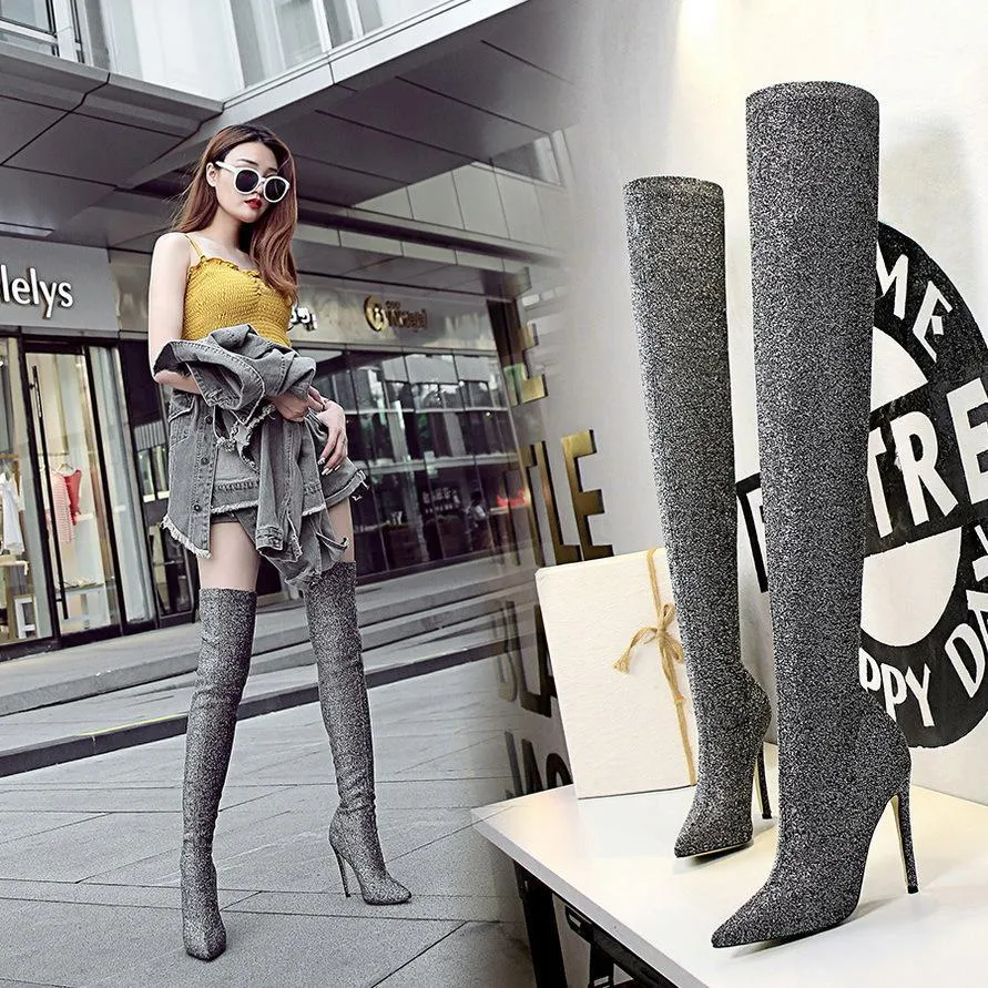 Chicvane Sequin Stretch Pointed Toe Stiletto Heel Over The Knee Party Boots For Women