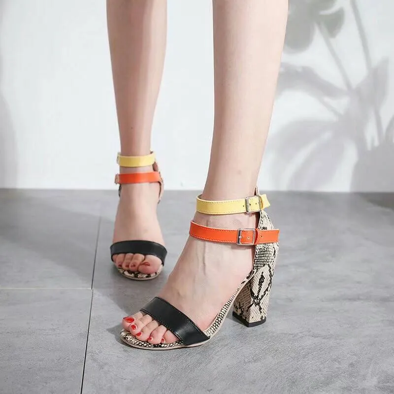 Chicvane Snakeskin Print Open Toe Chunky Heel Sandals with Buckle
