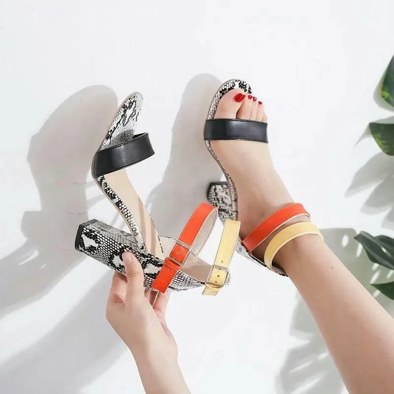 Chicvane Snakeskin Print Open Toe Chunky Heel Sandals with Buckle