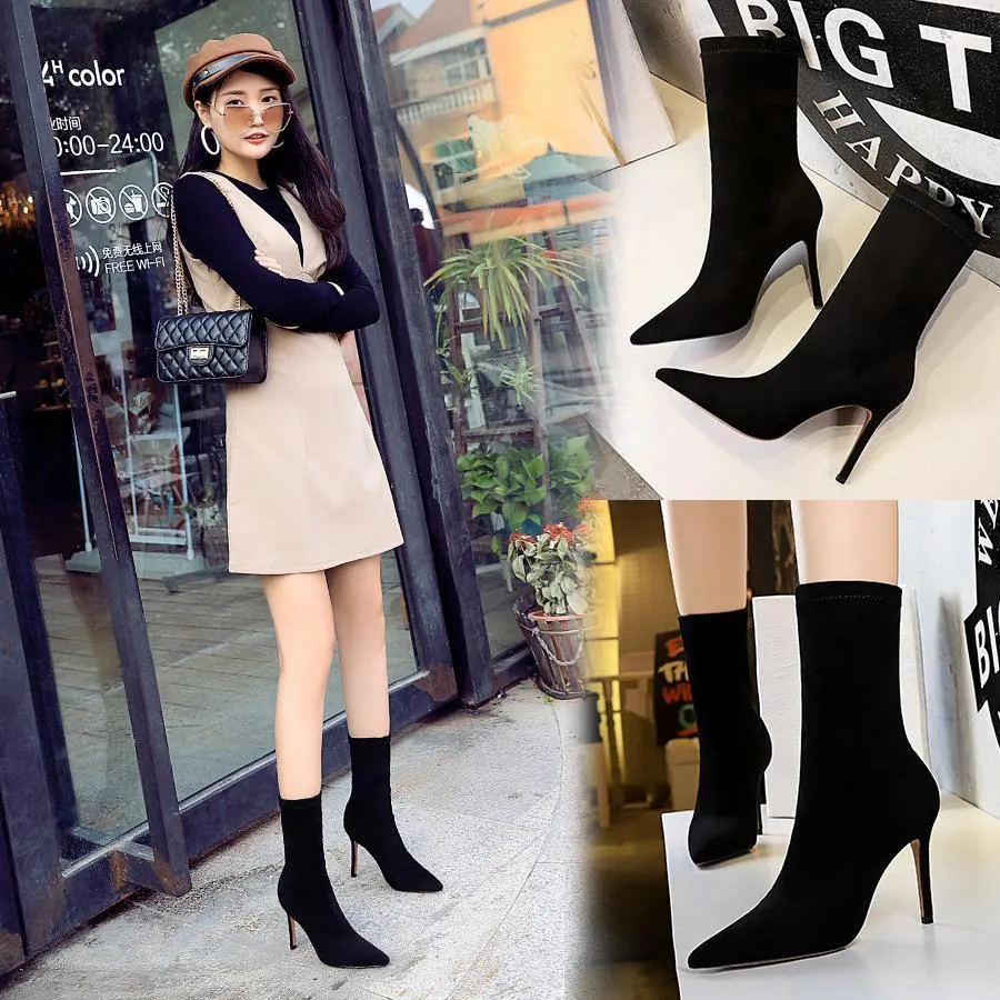 Chicvane Solid Suede Stretch Pointed Toe Stiletto Heel Mid Calf  Boots For Women