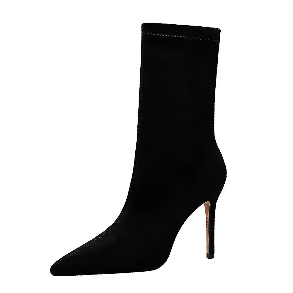 Chicvane Solid Suede Stretch Pointed Toe Stiletto Heel Mid Calf  Boots For Women