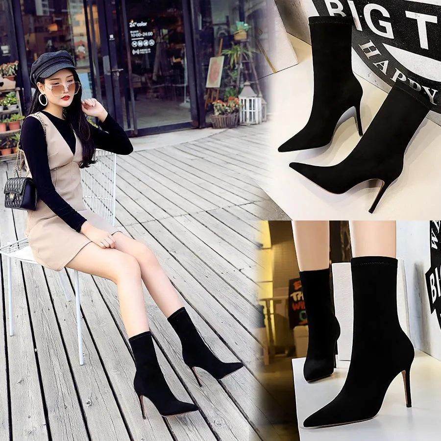 Chicvane Solid Suede Stretch Pointed Toe Stiletto Heel Mid Calf  Boots For Women