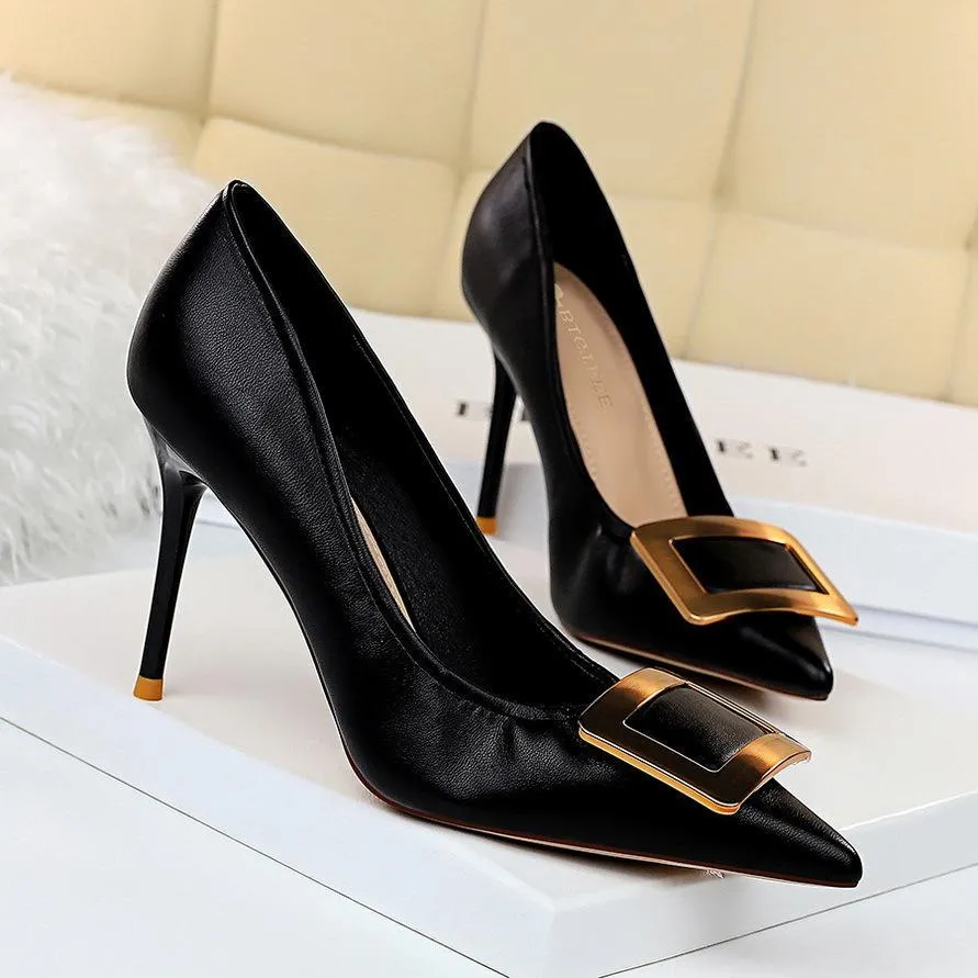 Chicvane Womens Metal Buckle Stiletto Heels Pointed Toe Bridal Pumps