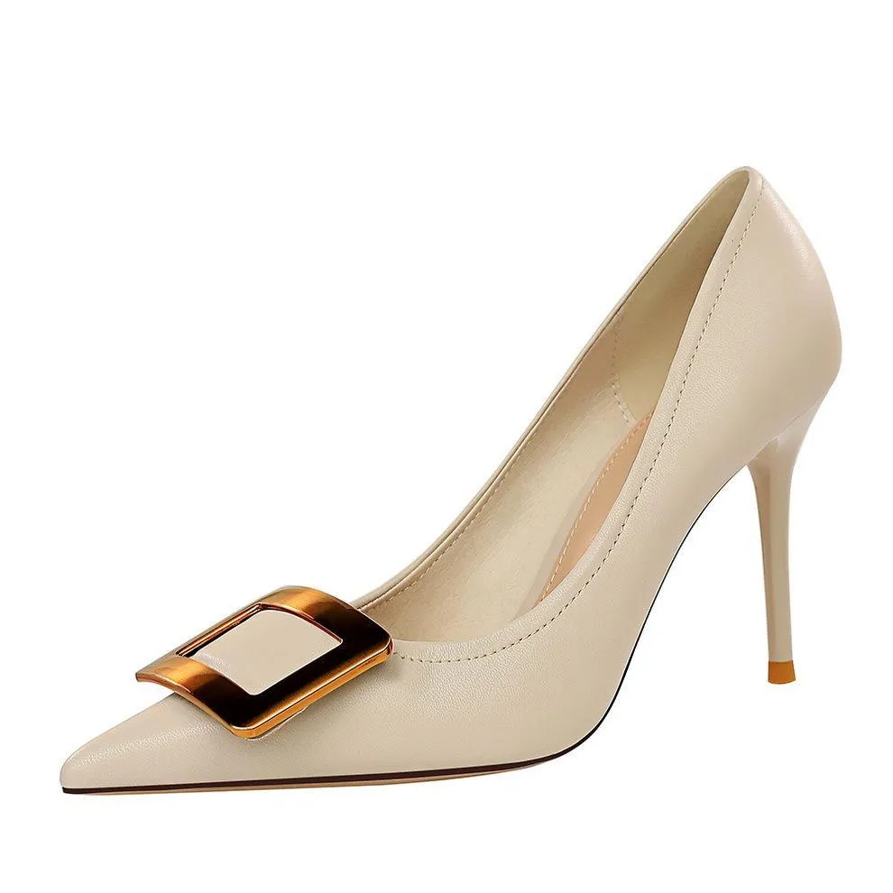 Chicvane Womens Metal Buckle Stiletto Heels Pointed Toe Bridal Pumps