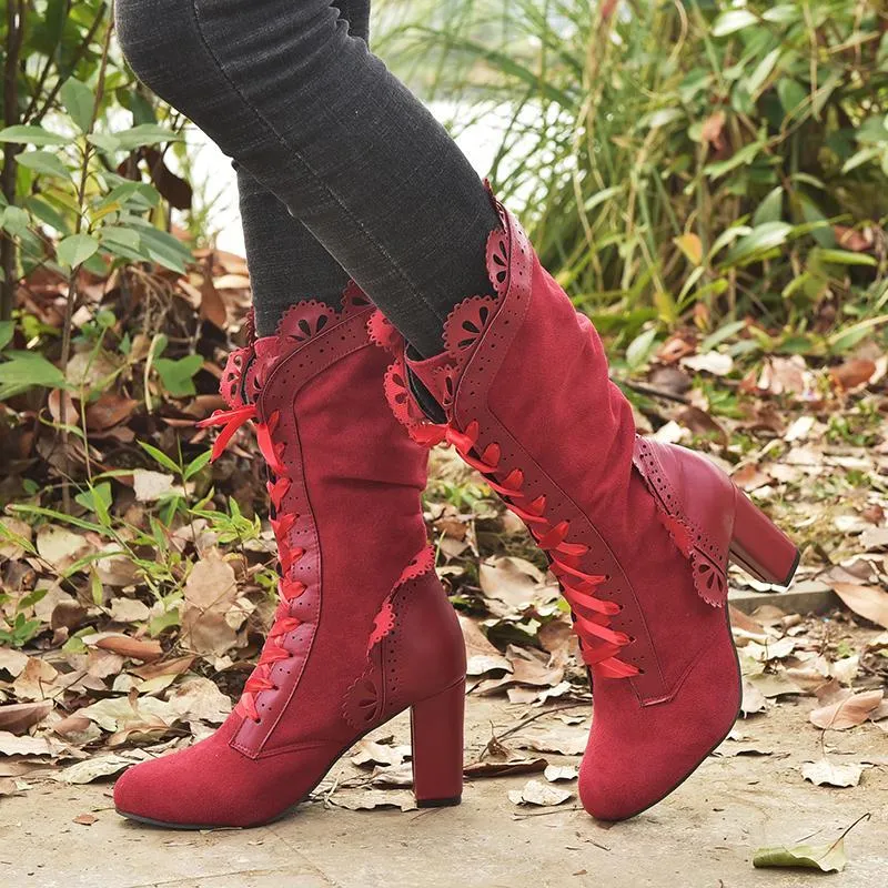 Chicvane Womens Round Toe Chunky Heel Lace Up Sandals Slip-On Mid Calf Boots