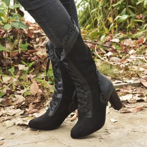 Chicvane Womens Round Toe Chunky Heel Lace Up Sandals Slip-On Mid Calf Boots