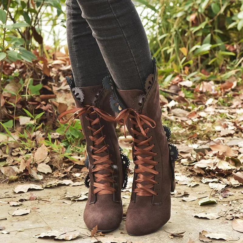Chicvane Womens Round Toe Chunky Heel Lace Up Sandals Slip-On Mid Calf Boots