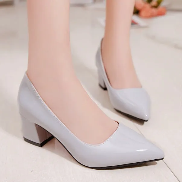 PU patent leather pointed toe chunky block heels pumps office work high heels