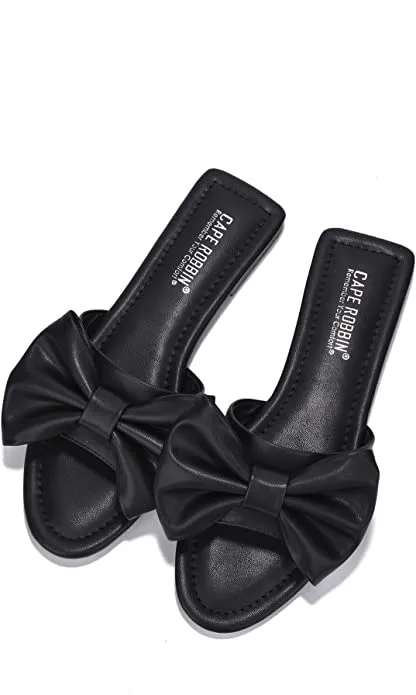 Summer Black Vegan Leather Bow Knot Flat Sandals
