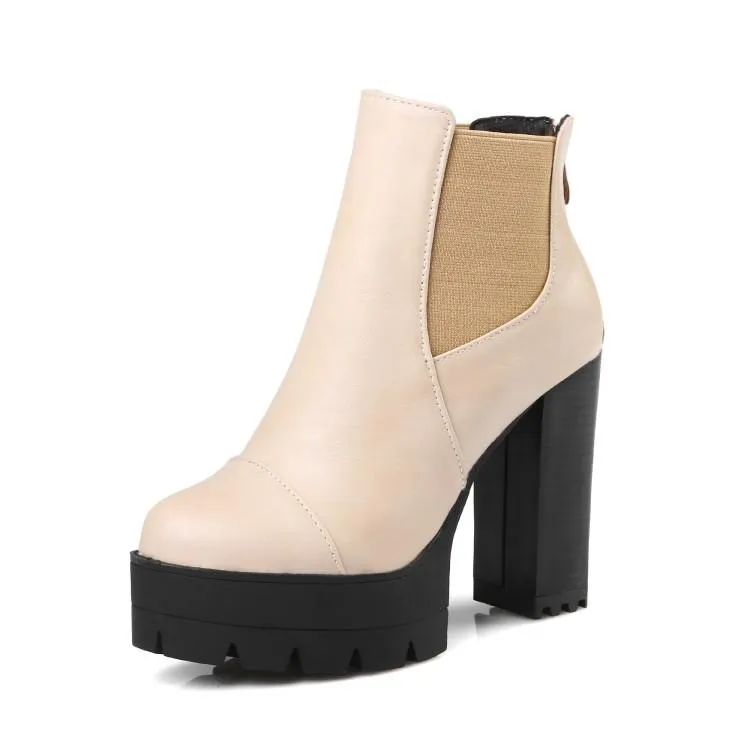 Women's gothic black front lace platform chunky high heel mid calf boots