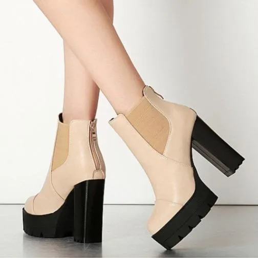 Women's gothic black front lace platform chunky high heel mid calf boots