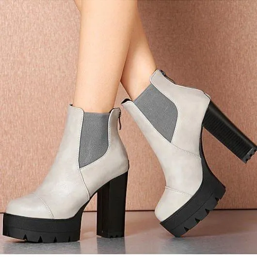Women's gothic black front lace platform chunky high heel mid calf boots