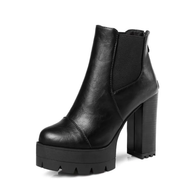 Women's gothic black front lace platform chunky high heel mid calf boots