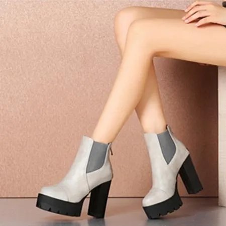 Women's gothic black front lace platform chunky high heel mid calf boots