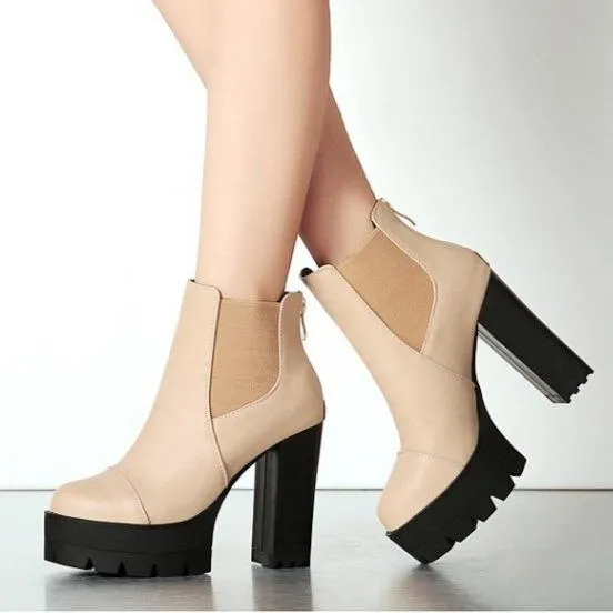 Women's gothic black front lace platform chunky high heel mid calf boots