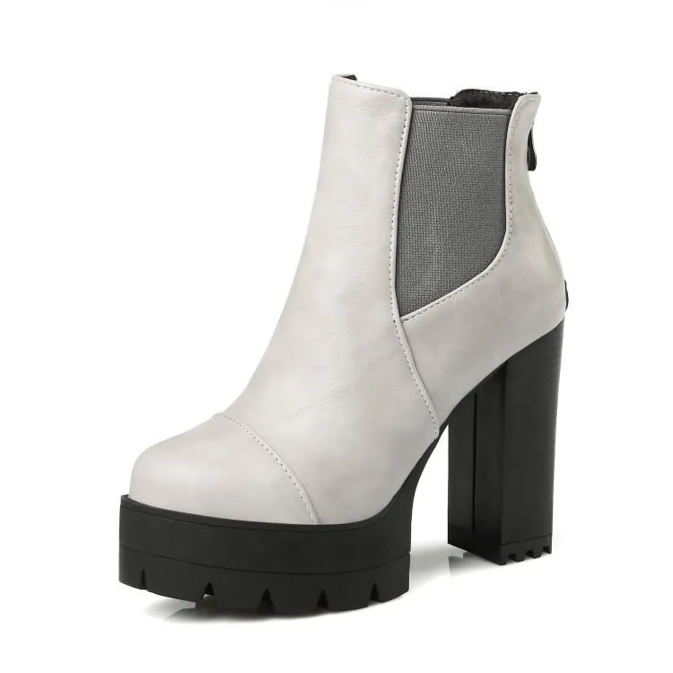 Women's gothic black front lace platform chunky high heel mid calf boots