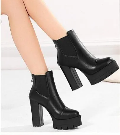 Women's gothic black front lace platform chunky high heel mid calf boots
