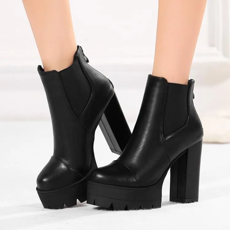 Women's gothic black front lace platform chunky high heel mid calf boots